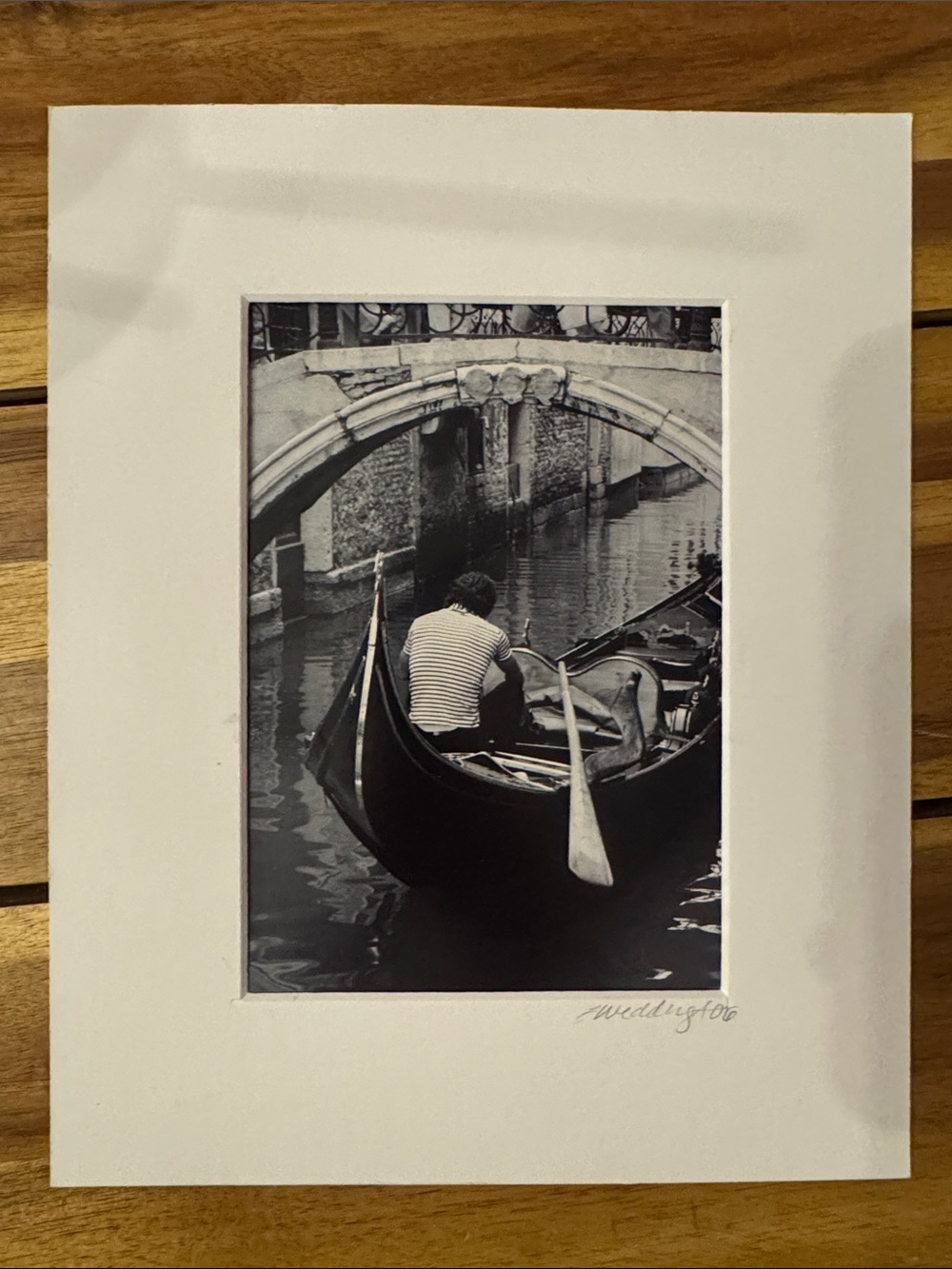 Black and White Gondola in Venice Wall Art With signed Matting 8x10